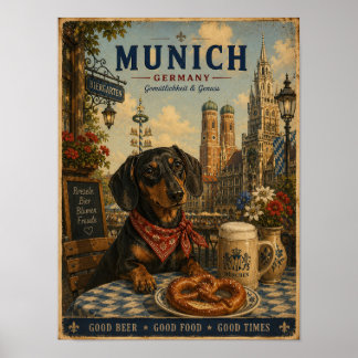 Póster de viaje vintage de Dachshund en Múnich