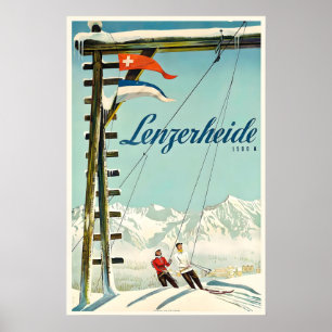 Póster de viaje vintage de esquí en Lenzerheide Su