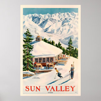 Póster de viaje vintage de esquí en Sun Valley, Id