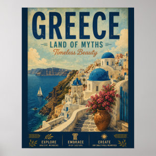 Póster de viaje vintage de Grecia con pueblo coste