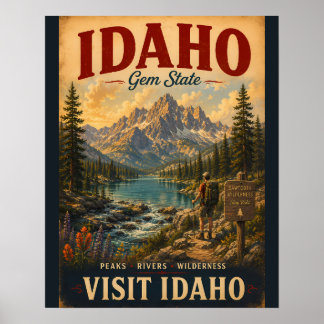 Póster de viaje vintage de Idaho con un sereno des