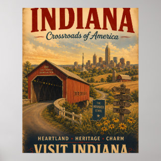 Póster de viaje vintage de Indiana con puente cubi