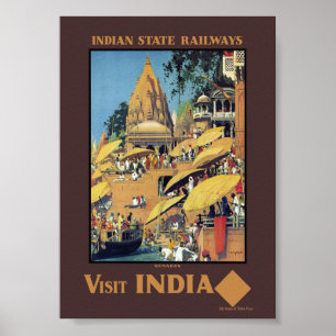 Póster de viaje vintage de la India Varanasi Gange