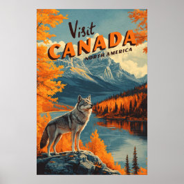 Póster de viaje vintage de lobo de Canadá