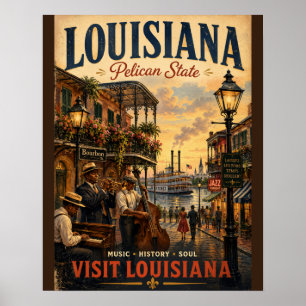 Póster de viaje vintage de Louisiana con músico de