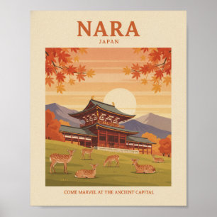 Póster de viaje vintage de Nara Japón - Templo de