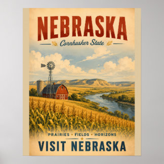 Póster de viaje vintage de Nebraska con pradera do
