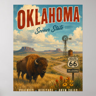 Póster de viaje vintage de Oklahoma con bisonte y