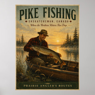 Póster de viaje vintage de pesca de lucio de Saska