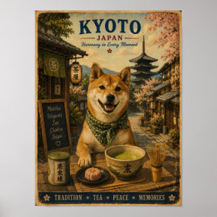 Póster de viaje vintage de Shiba Inu en Kyoto