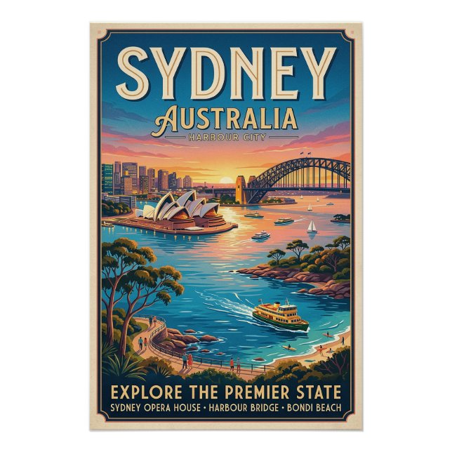 Póster de viaje vintage de Sídney Australia (Anverso)
