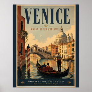 Póster de viaje vintage de Venecia con góndola e h