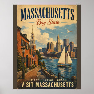 Póster de viaje vintage del estado de Massachusett