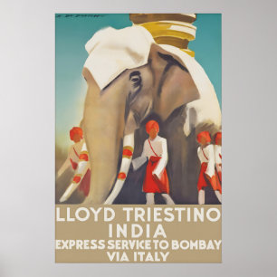 Póster de viaje vintage India Lloyd Triestino Bomb