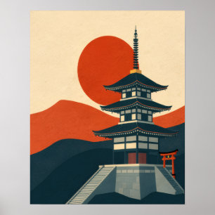 Póster de viaje vintage pagoda de santuario japoné