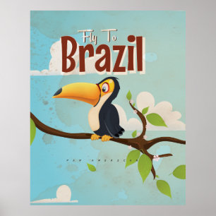 Póster de viaje vintage Toucan vuela a Brasil