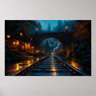 Póster de Vías Iluminadas por Faroles a Través del