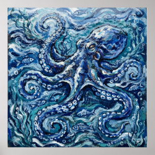 Póster de vida marina de pulpo azul