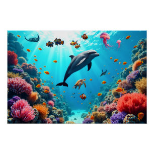 Póster de Vida Oceánica con Delfín y Arrecife de C