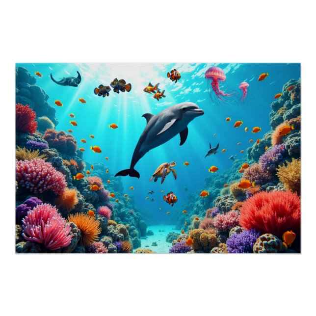 Póster de Vida Oceánica con Delfín y Arrecife de C (Anverso)