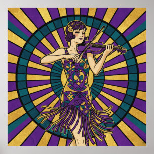 Póster de violinista Art Deco púrpura y dorado Fla