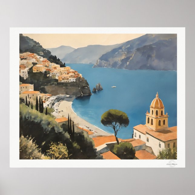 Póster de Vista del Pueblo de la Costa de Amalfi (Frente)