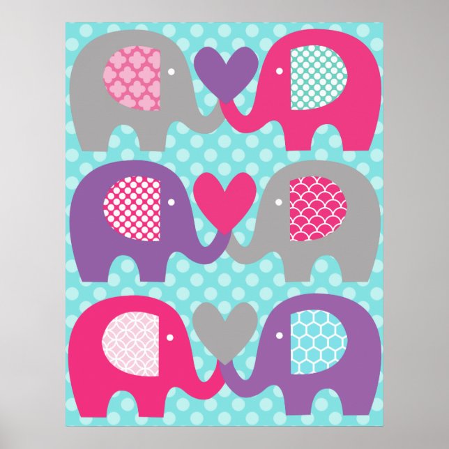 Póster de vivero de amor de elefante rosa y púrpur (Frente)