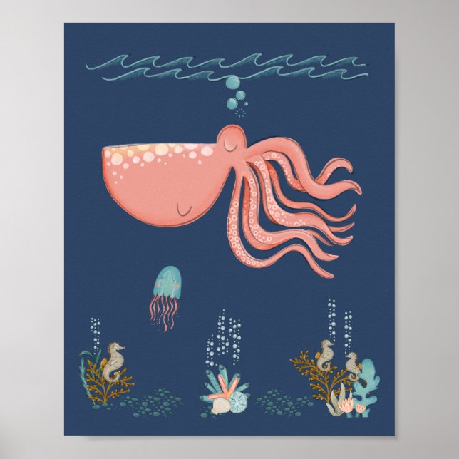 Póster de vivero de animales del océano pulpo bajo (Frente)