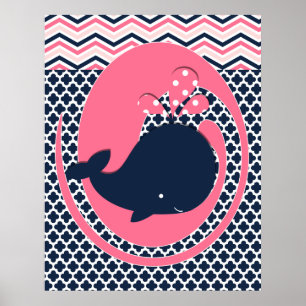 Póster de vivero de ballena rosa y azul marino
