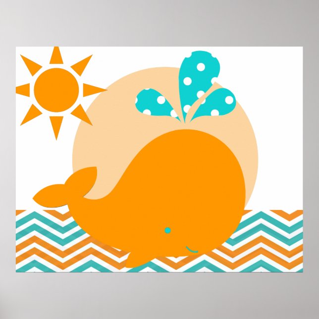Póster de vivero de ballenas naranja y azul (Frente)