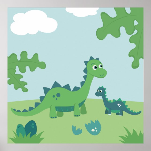 Póster de vivero de madre de dinosaurio adorable y (Frente)