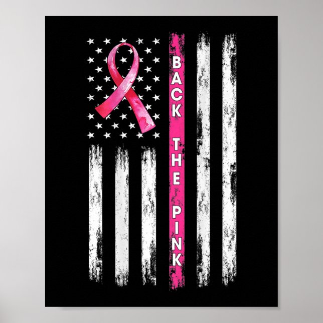Póster De vuelta a la cinta rosa Bandera Americana Cáncer (Frente)