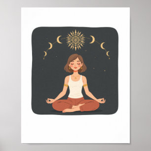Póster de yoga meditando fases lunares cósmicas