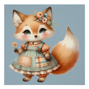 Póster de zorro floral pastel caprichoso Cottageco