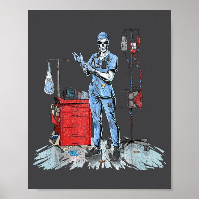 Póster Deadside Nurse Blue Scrubs Funny Skeleton Doctor M (Frente)
