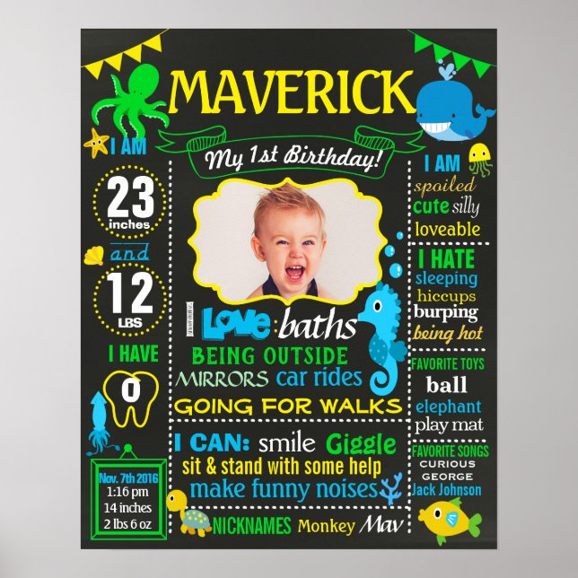 Póster Debajo del cartel de la pizarra de primer cumpleañ (Frente)