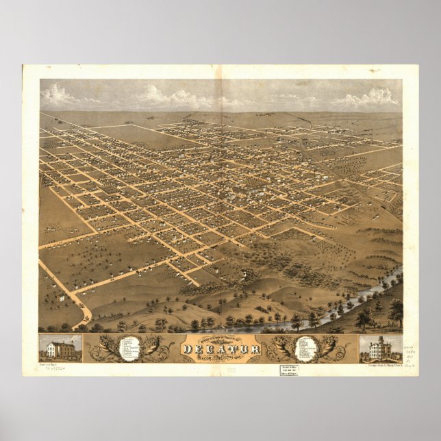 Póster Decatur Illinois 1869 Mapa Panorámico Antiguo (Frente)