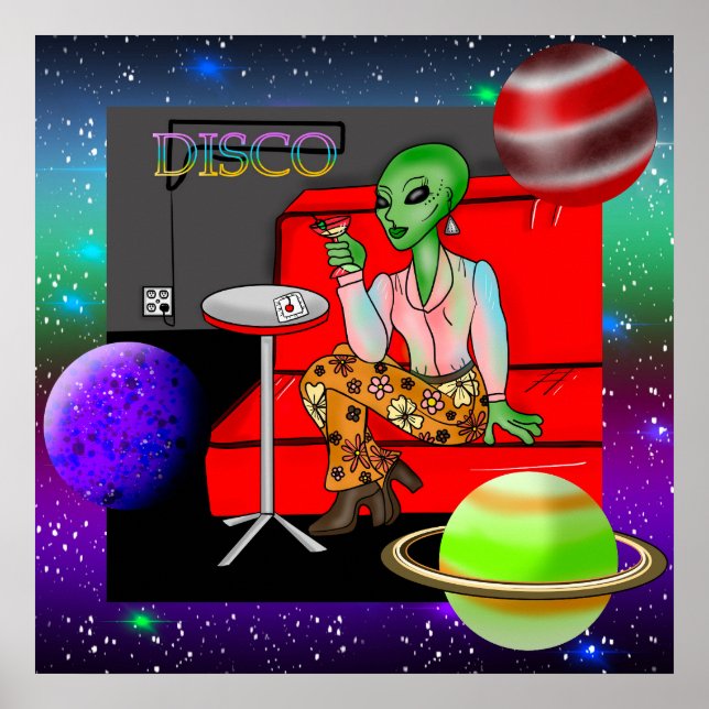Póster Decenio de 1970 Retro Extraterrestre en Disco Loun (Frente)