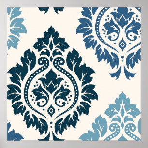 Póster Decorative Damask Art I Blues on Cream