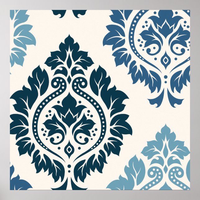 Póster Decorative Damask Art I Blues on Cream (Frente)