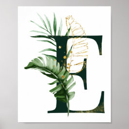 Póster Decorative Letter E with tropical leaves Poster