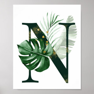 Póster Decorative Letter N with tropical leaves