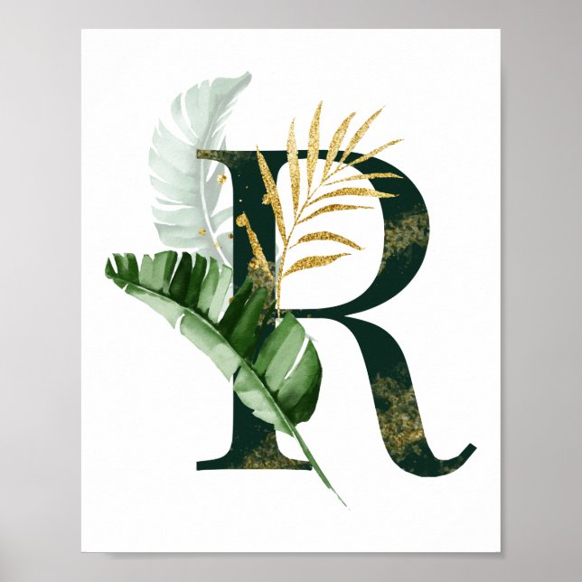 Póster Decorative Letter R with tropical leaves (Frente)