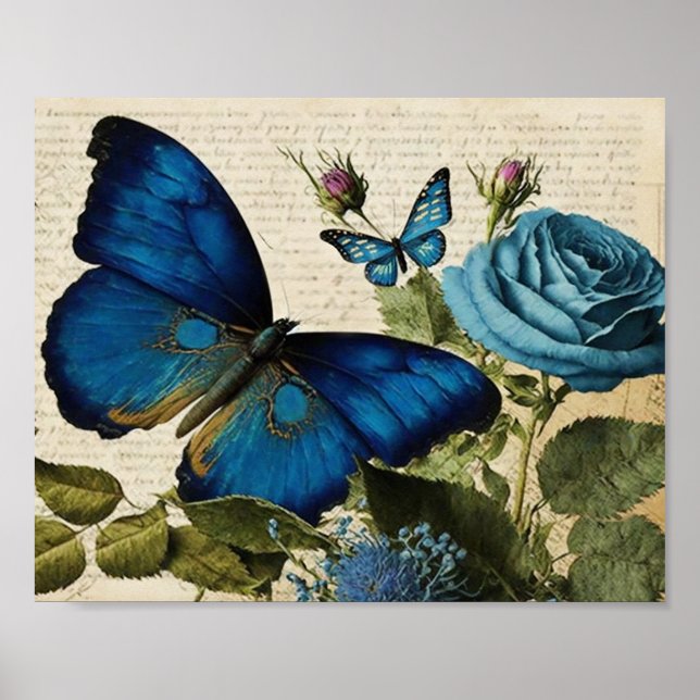 Póster Decoup de mariposas y Rosas azules de época (Frente)