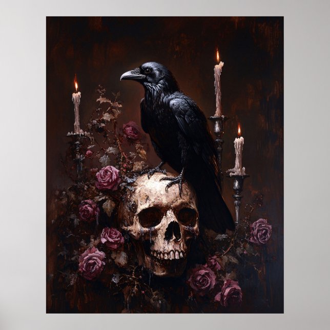 Póster Decoupage Cuervo en Cráneo con Velas (Frente)