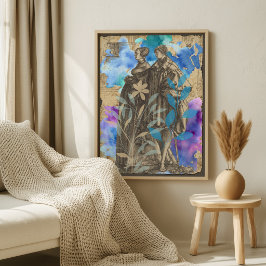 Póster decoupage de pareja medieval vintage con az
