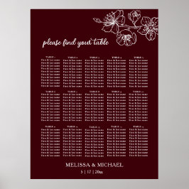 Póster Deep Burgundy White Floral | Wedding Seating Chart