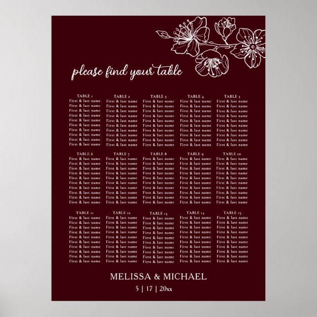 Póster Deep Burgundy White Floral | Wedding Seating Chart (Frente)