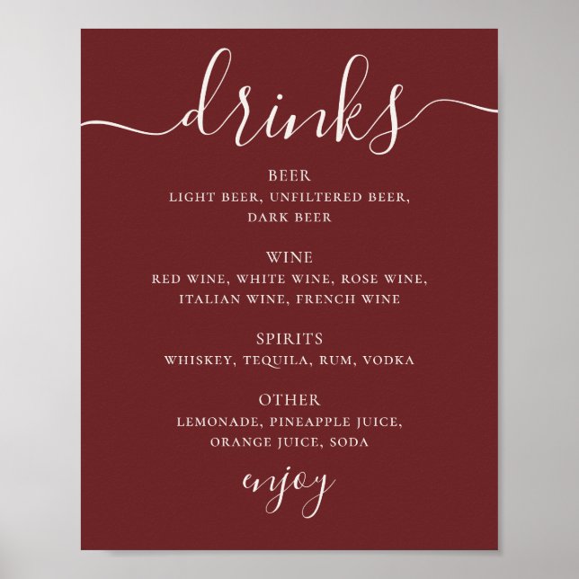 Póster Deep Wine Red Wedding Drinks Menu. Modern Bar Sign (Frente)
