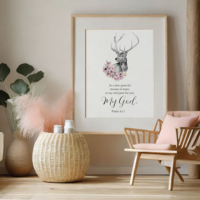 Póster Deer acuarela de salmos con Poster de flores (Psalms Watercolor Deer with Flowers Poster)